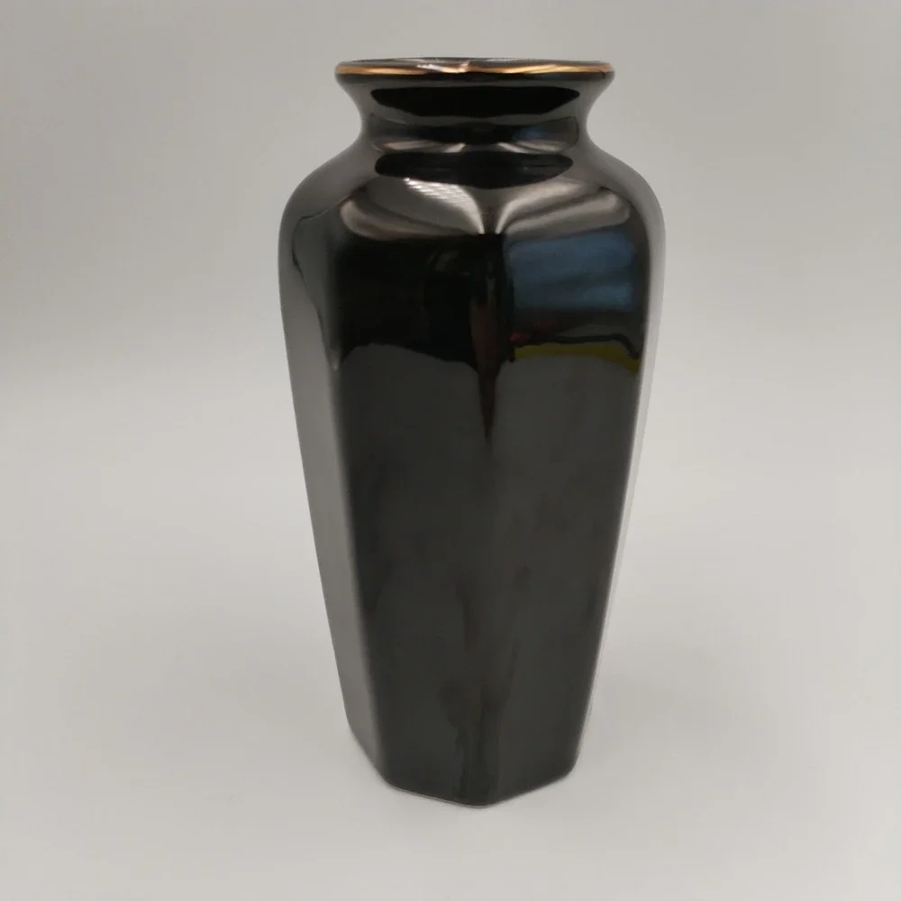 VTG Otagiri Japan Crimson Rose Black Porcelain Vase Octagon Gold‎ Trim 6